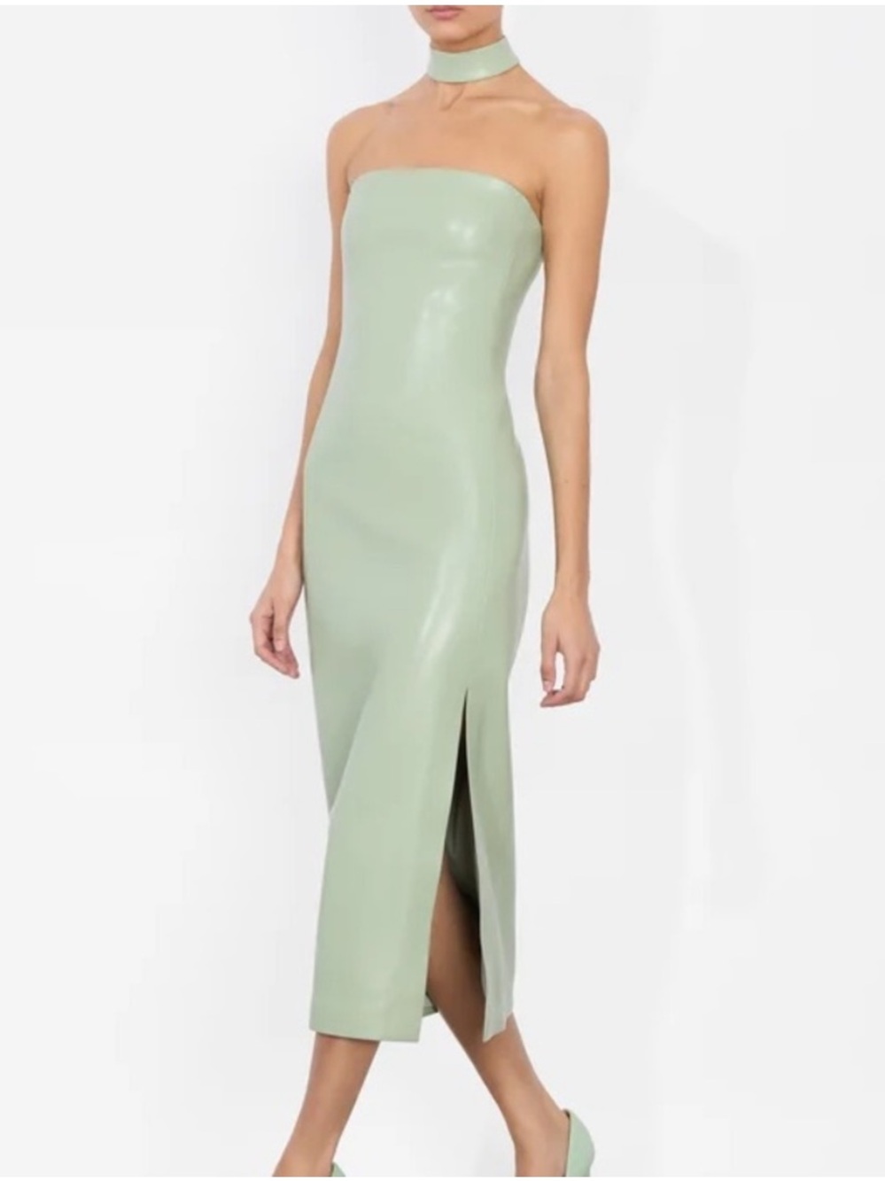 Alice + Olivia Vegan Leather Sage Green Strapless Midi Dress with Choker - Picture 2 of 12